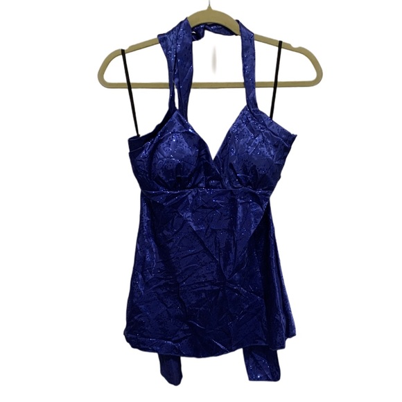 Y2K Vanity Blue Glitter Floral Halter Tank Top - Picture 1 of 8